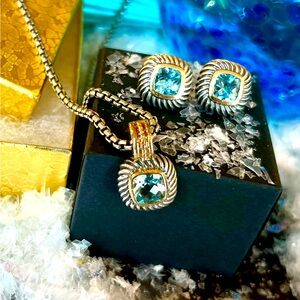 David Yurman Blue Topaz 18K Gold and Sterling Silver Necklace and Earring Set